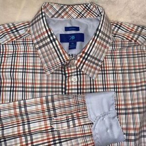 KO Egara Non Iron Reg Fit Madras Plaid Button Up‎ Shirt Mens XL Orange Flip Cuff